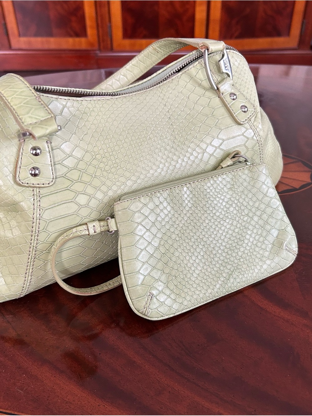 Jones New York Light Green Leather -Croc Shoulder Bag with Wristlet